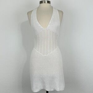 Womens Boho Festival Babydoll Crochet Mini Dress Sz M White Backless Open Knit